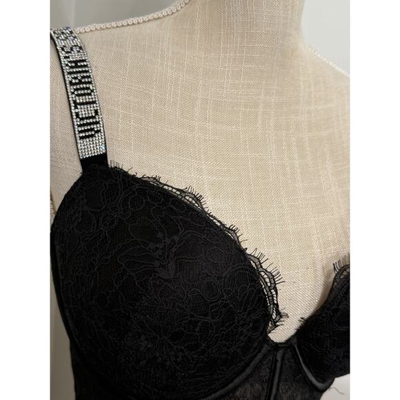 NEW Victoria's Secret RHINESTONE Strap Push-up Bustier Corset Black Lace 32C - Picture 2 of 2